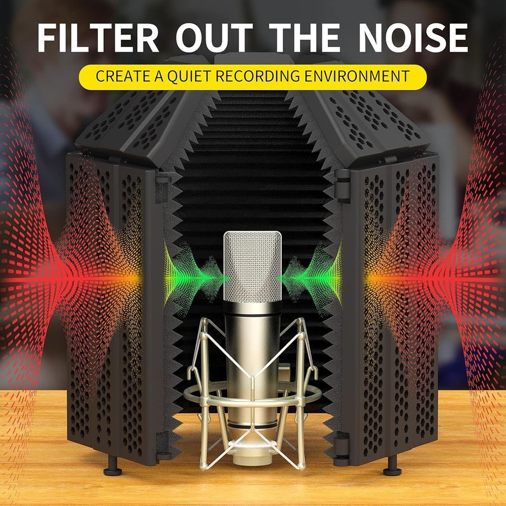 Microphone Isolation Shield 5-Panel Foldable Studio Soundproof Cover Black