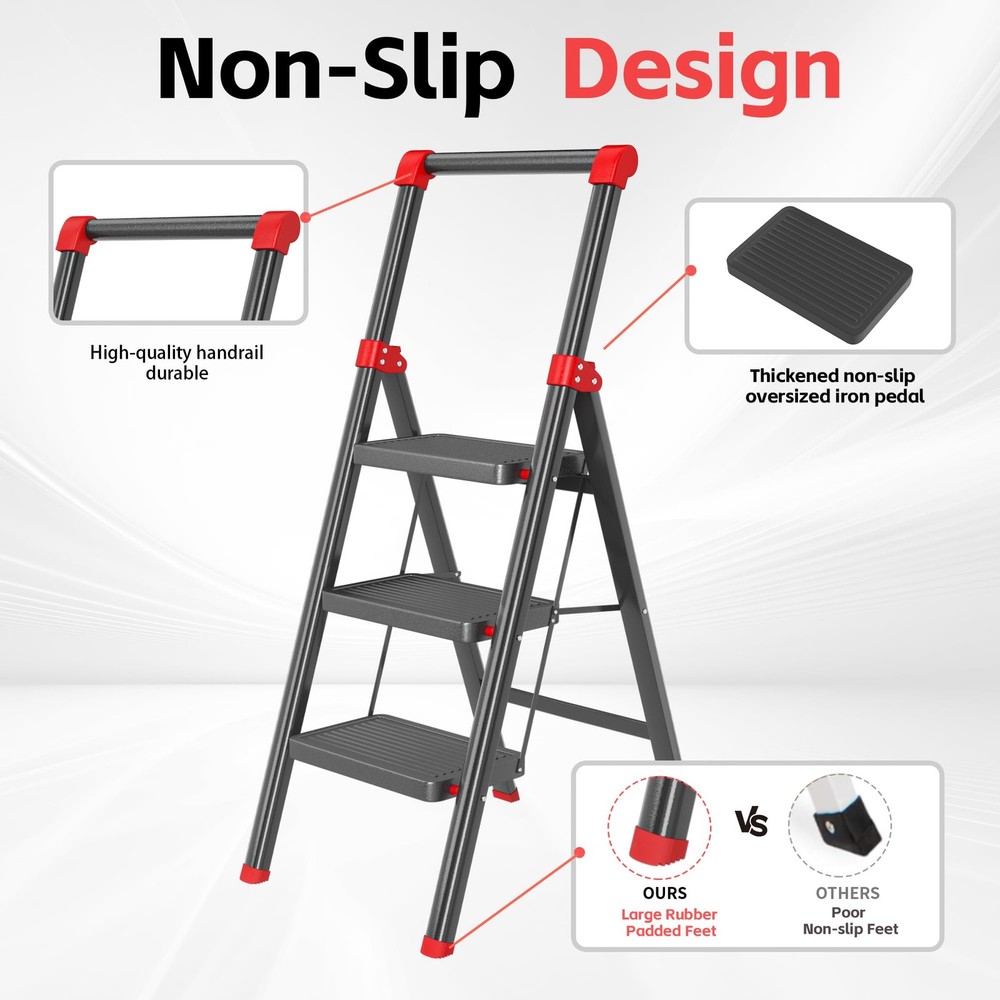 DIAMONDFORGE 3 Step Ladder with Handle, Foldable Stool 3 Step, Black Red