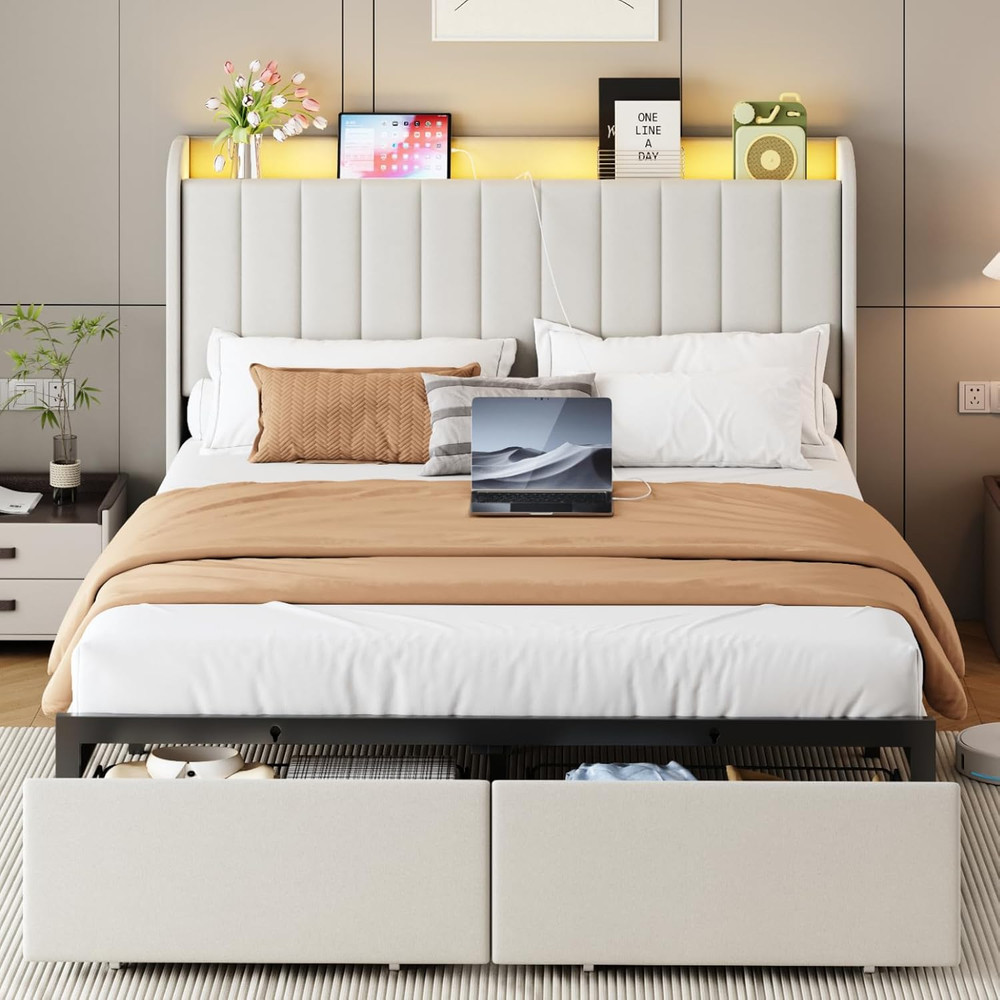 Full Size Bed Frames with Storage Headboard and 2 Drawers, Upholstered Platform