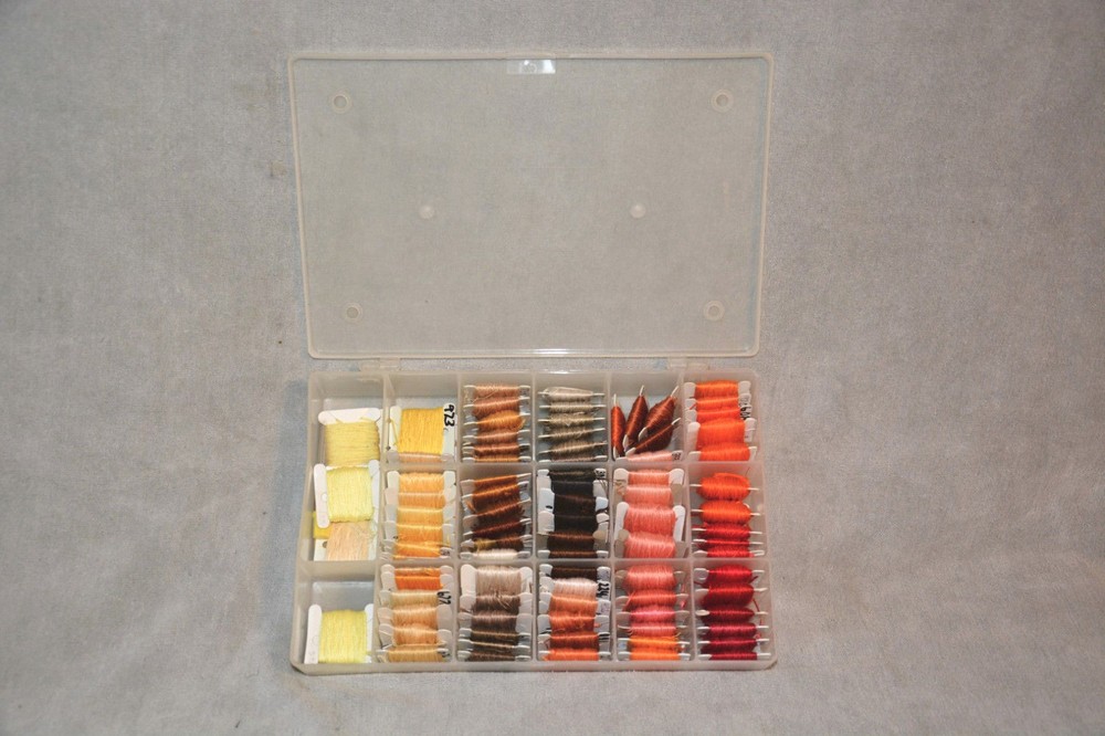 PLASTIC STORAGE BOX WITH EMBROIDERY FLOSS CROSS STITCH