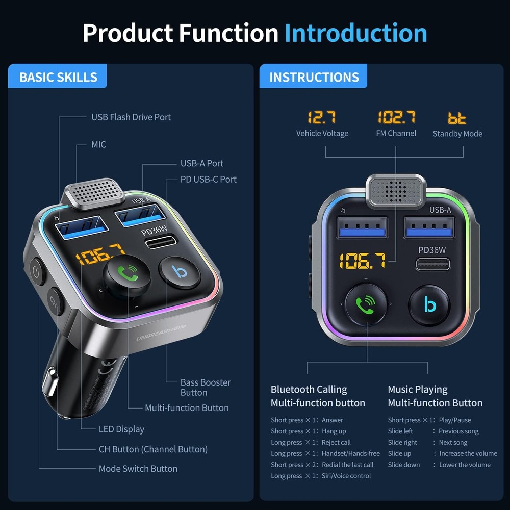 UNBREAKcable Bluetooth FM Transmitter for Car, PD 38W Fast Charging, Wireless...