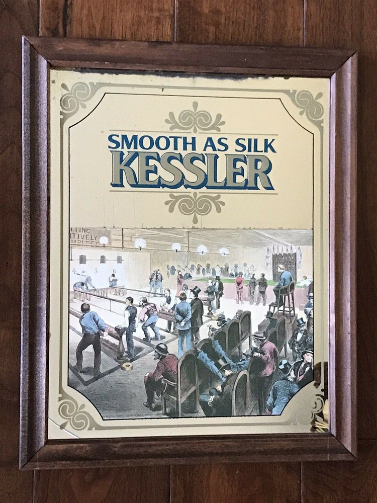 Vintage "SMOOTH AS SILK KESSLER" Bar Mirror with  Bowling Scene.