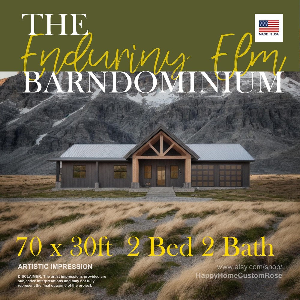 Enduring Elm Barndominium Modern House Open Plan Design 70 x 30 - 2 Bed 2 Bath -