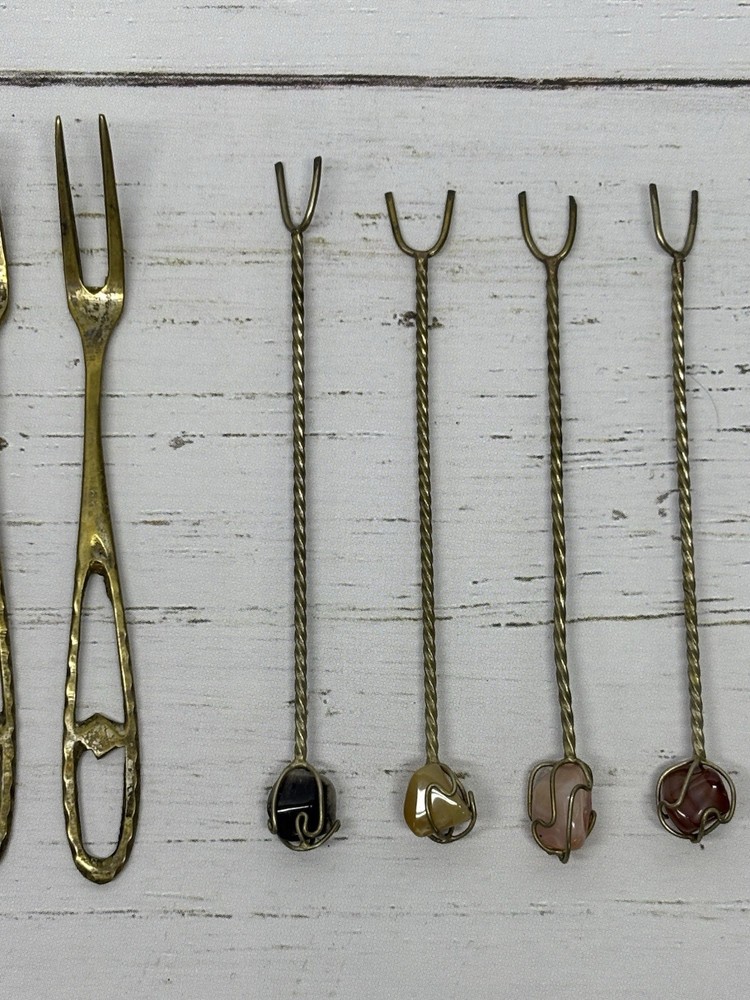 Solid Brass Olive Cocktail Fork Set With Semi Precious Stones