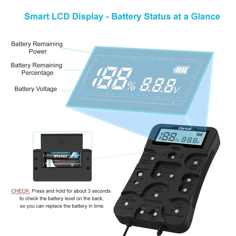 Portable Battery Checker with LCD Display, Compatible with AA, AAA, C, D Cells
