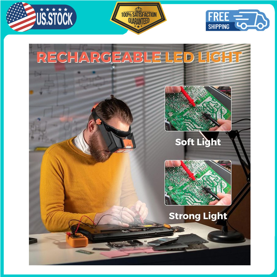 Headband Magnifier w/Light, Rechargeable Magnifying Glasses for Close Work
