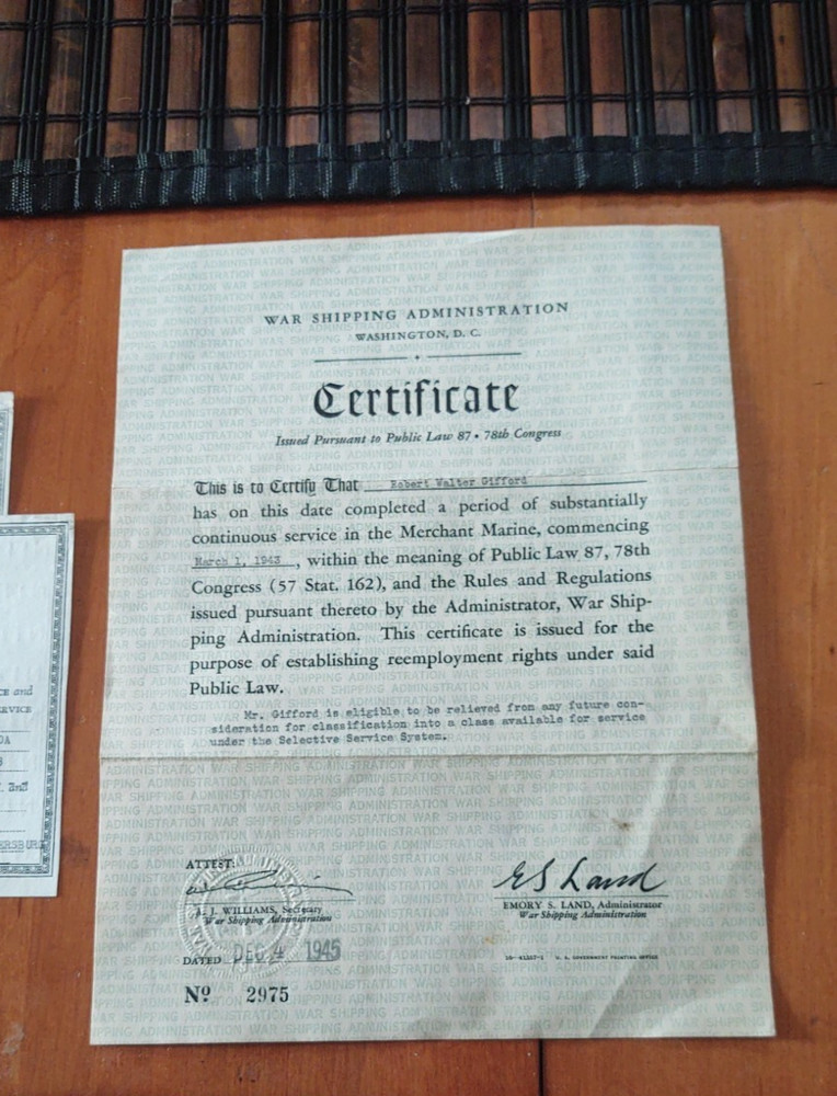 WW2 Document Grouping Robert Gifford Dept Commerce /Coast Guard , Egypt Pass