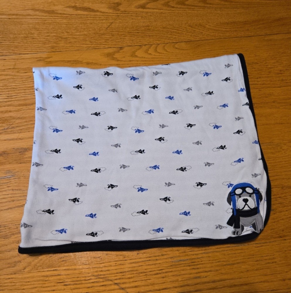 Carters dog airplanes gray blue stripes blanket