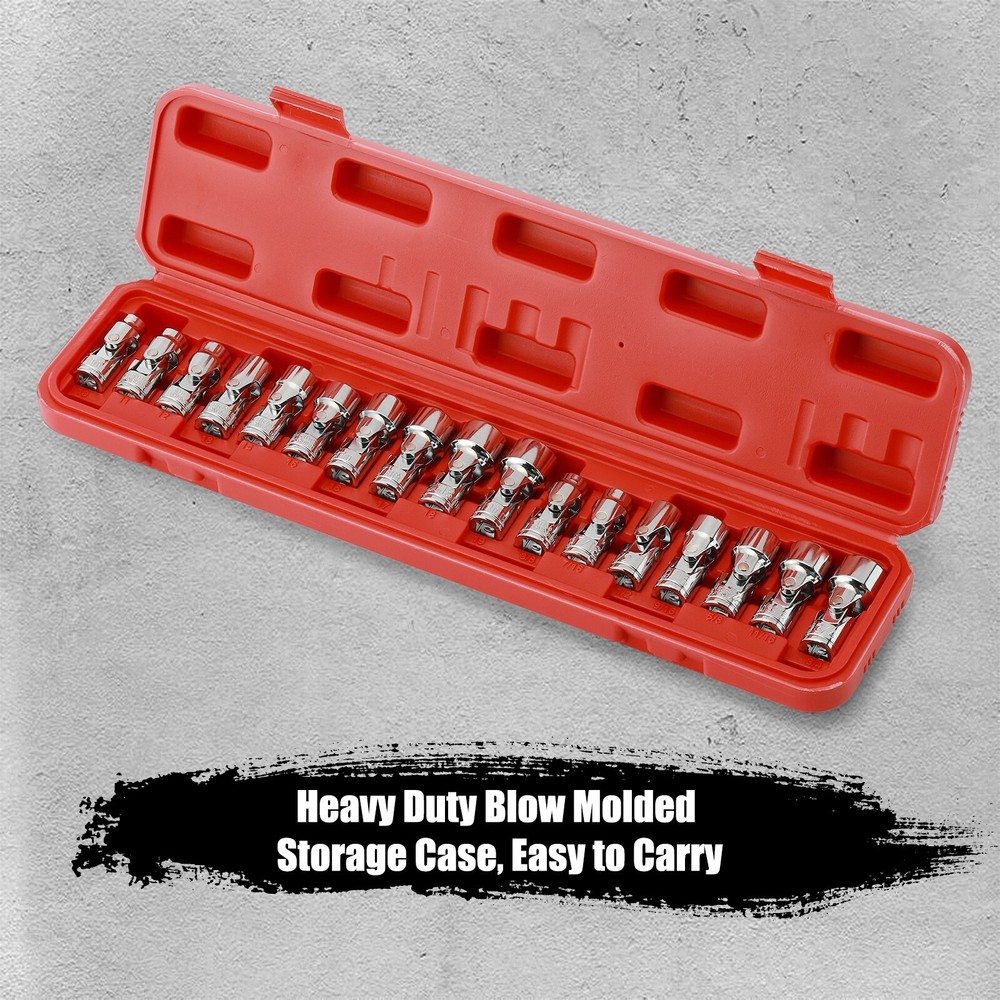 17PCS 3/8" Drive SAE & Metric 6-Point Universal Flex Socket Set CR-V Swivel Head