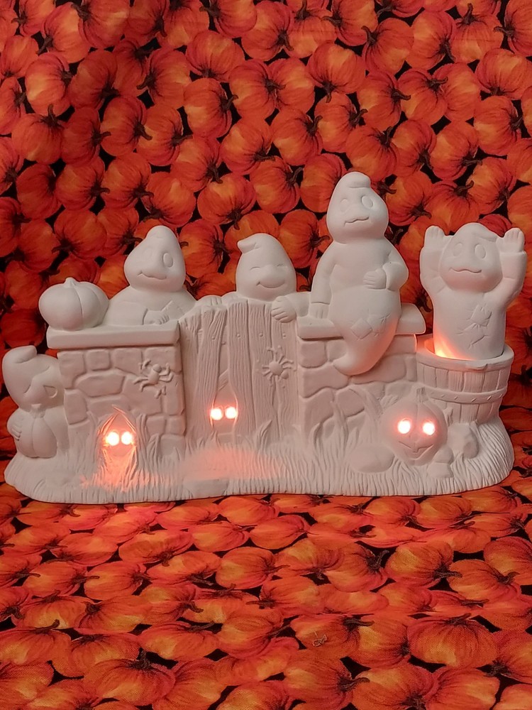 Ceramic Bisque~ Ready to Paint ~Ghost Fence Scene Rice Light Included
