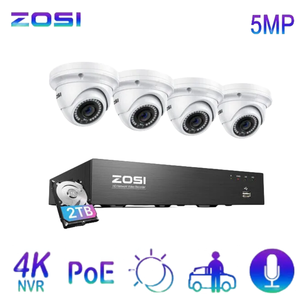 ZOSI 5MP PoE Security Camera System Motion Detection 2TB Weatherproof Record