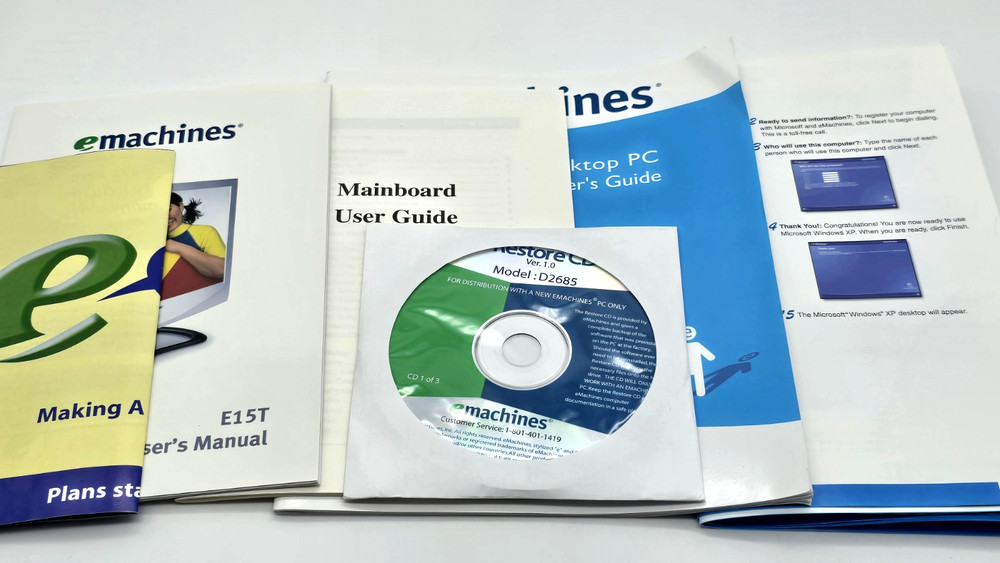 eMachine Model D2685 Restore CD Set Brand New + Various Documentation