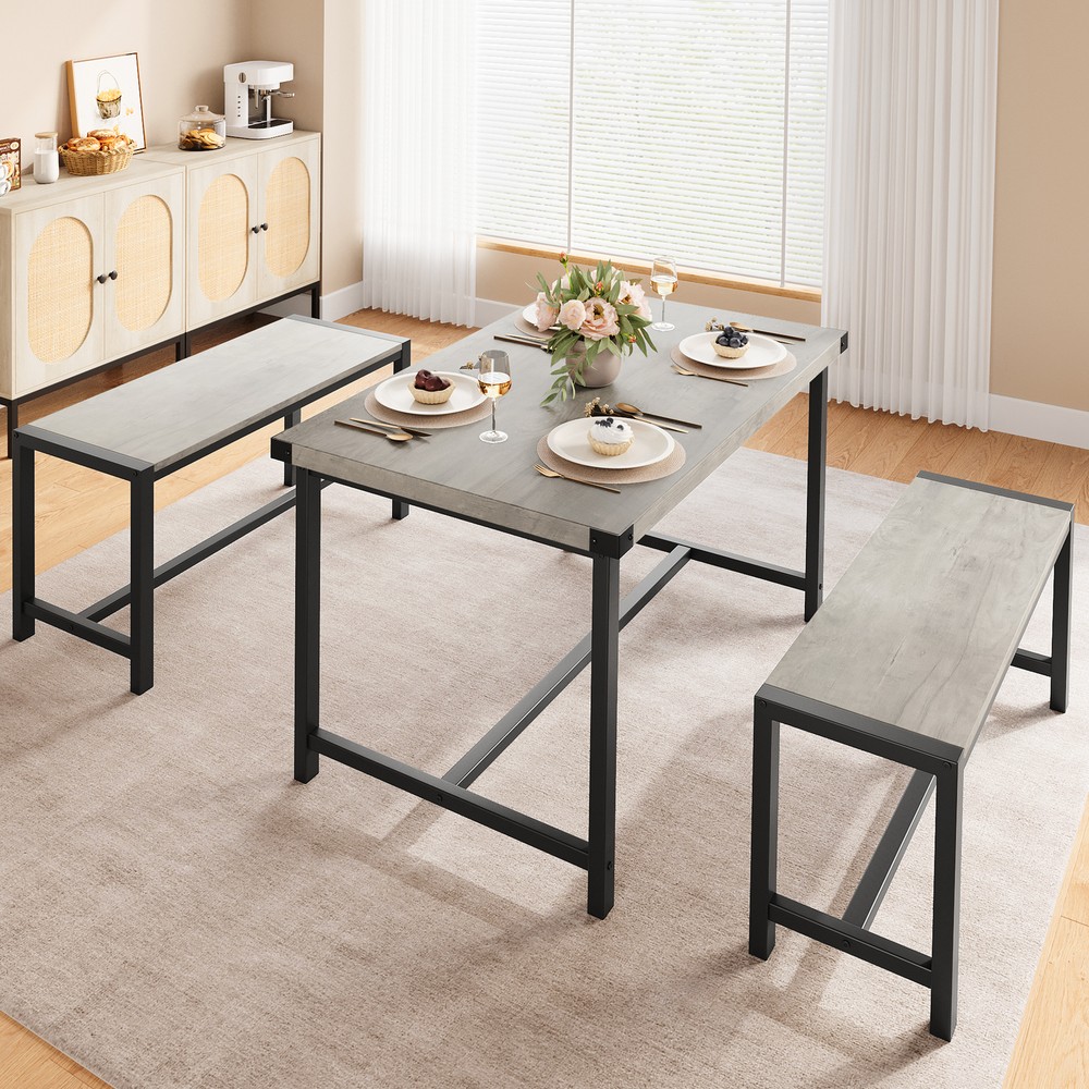 3-Pieces Dining Table Set for 4, Kitchen Table with 2 Benches, for Small Space