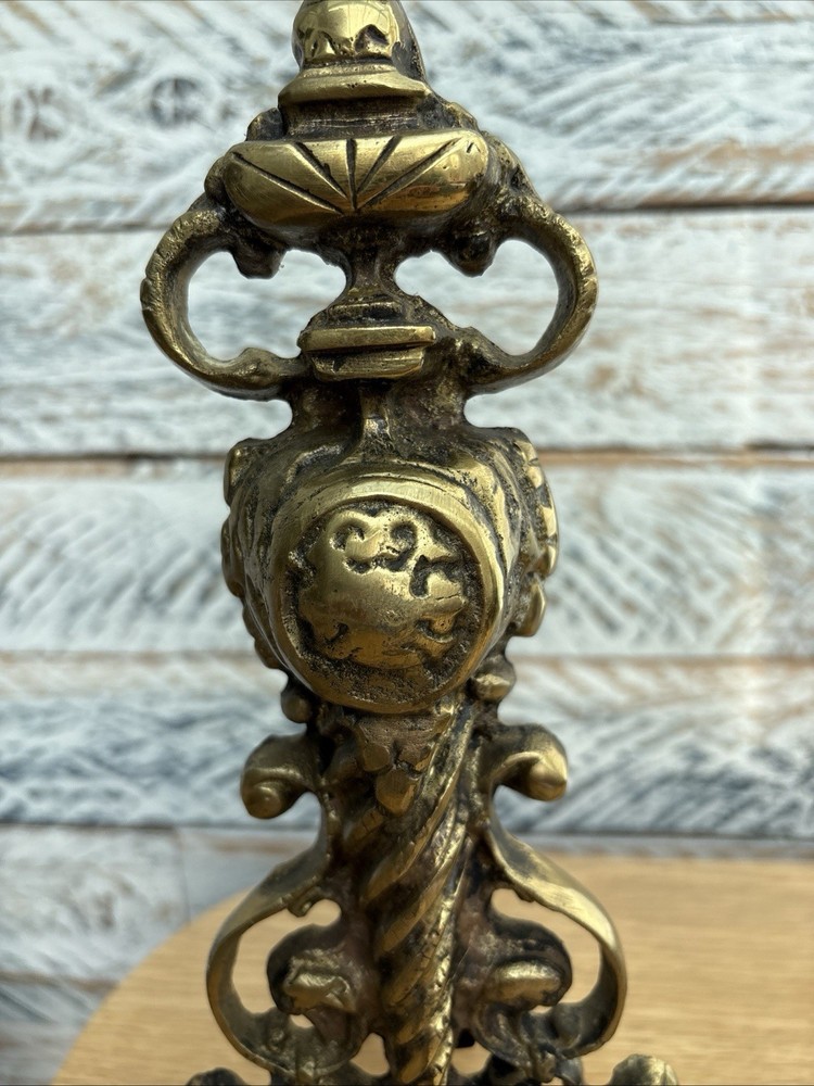 Brass Fire Dogs Antique Late Victorian / Edwardian Solid Brass 35cms Tall