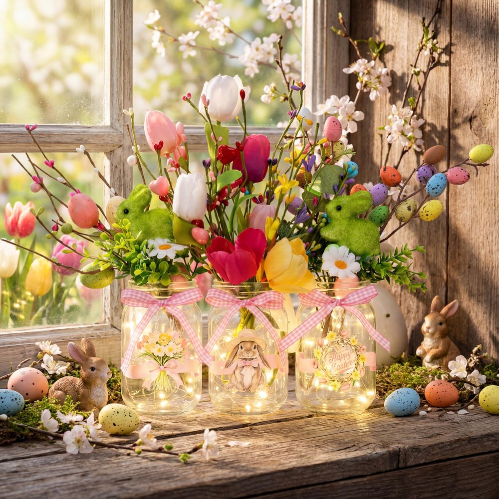 3 Sets Easter Centerpiece Table Decorations DIY Mason Jar Light Decoration wi...