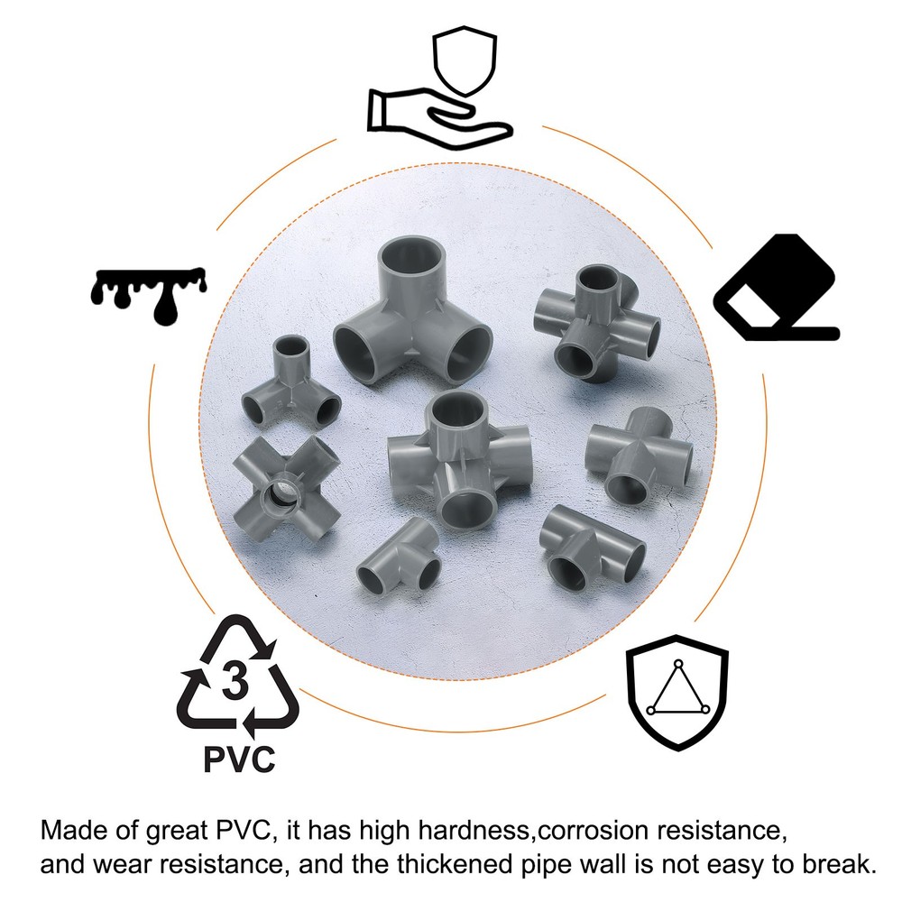 4pcs Tee PVC Fitting 1/2" 6 Ways Connector Build Grade Pipe Coupling Grey