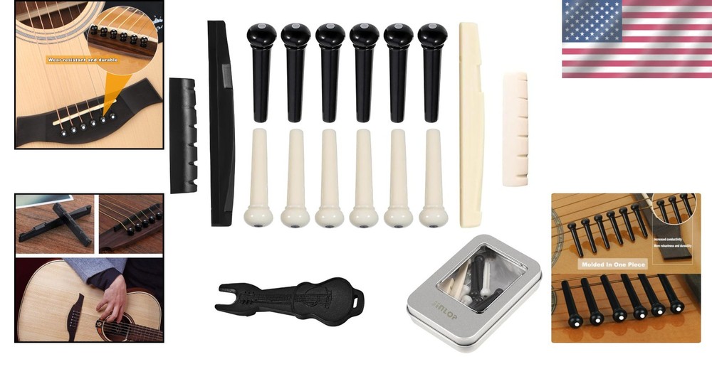 Guitar Bridge Pins & Puller - 12 Pack Ivory/Black Set for Ultimate Performance
