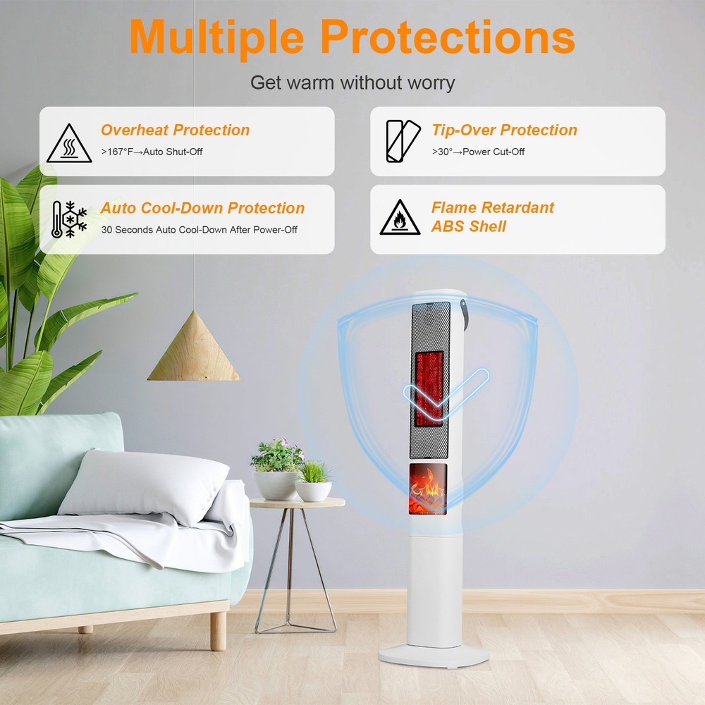 1500W Ceramic Tower Space Heater W/ 3D Flame Remote Control 5 Timer Options