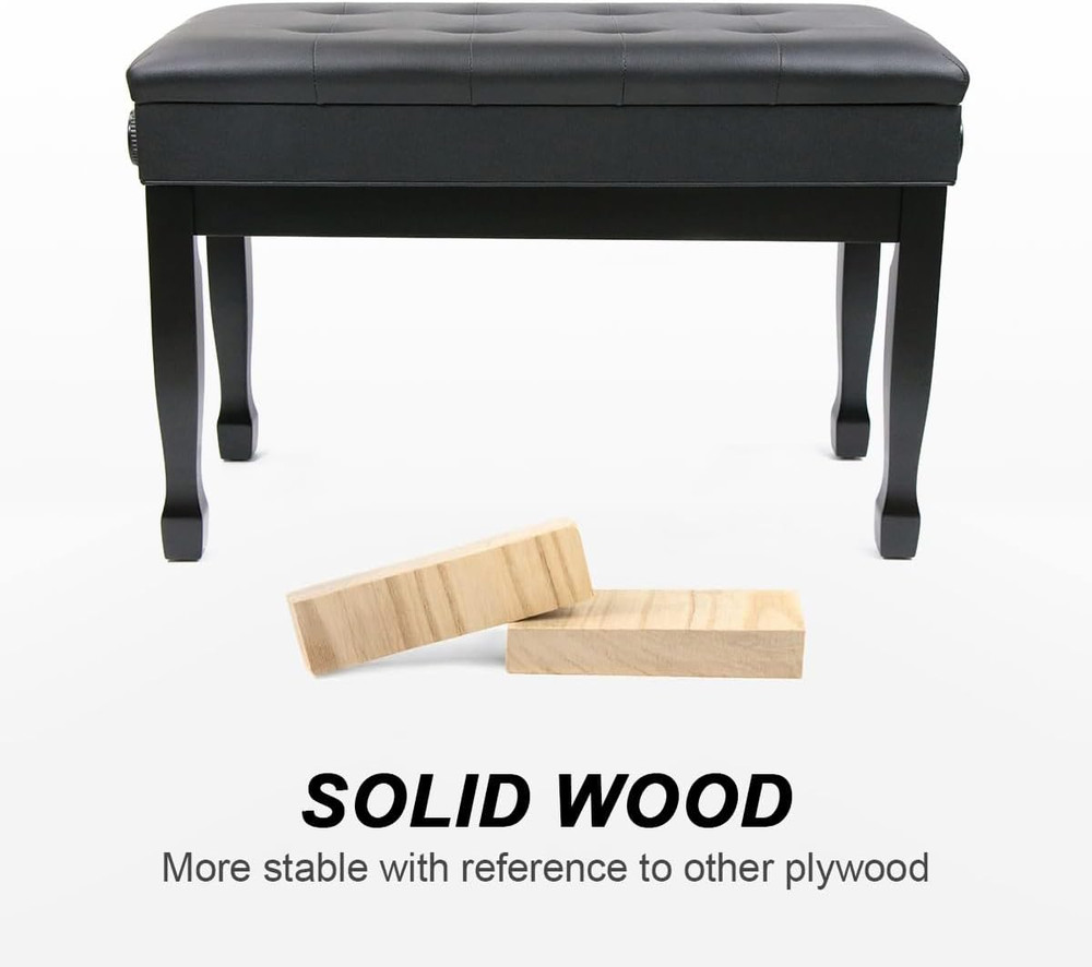 Adjustable Piano Bench with Storage, Solid Wood, Waterproof Cushion - Black
