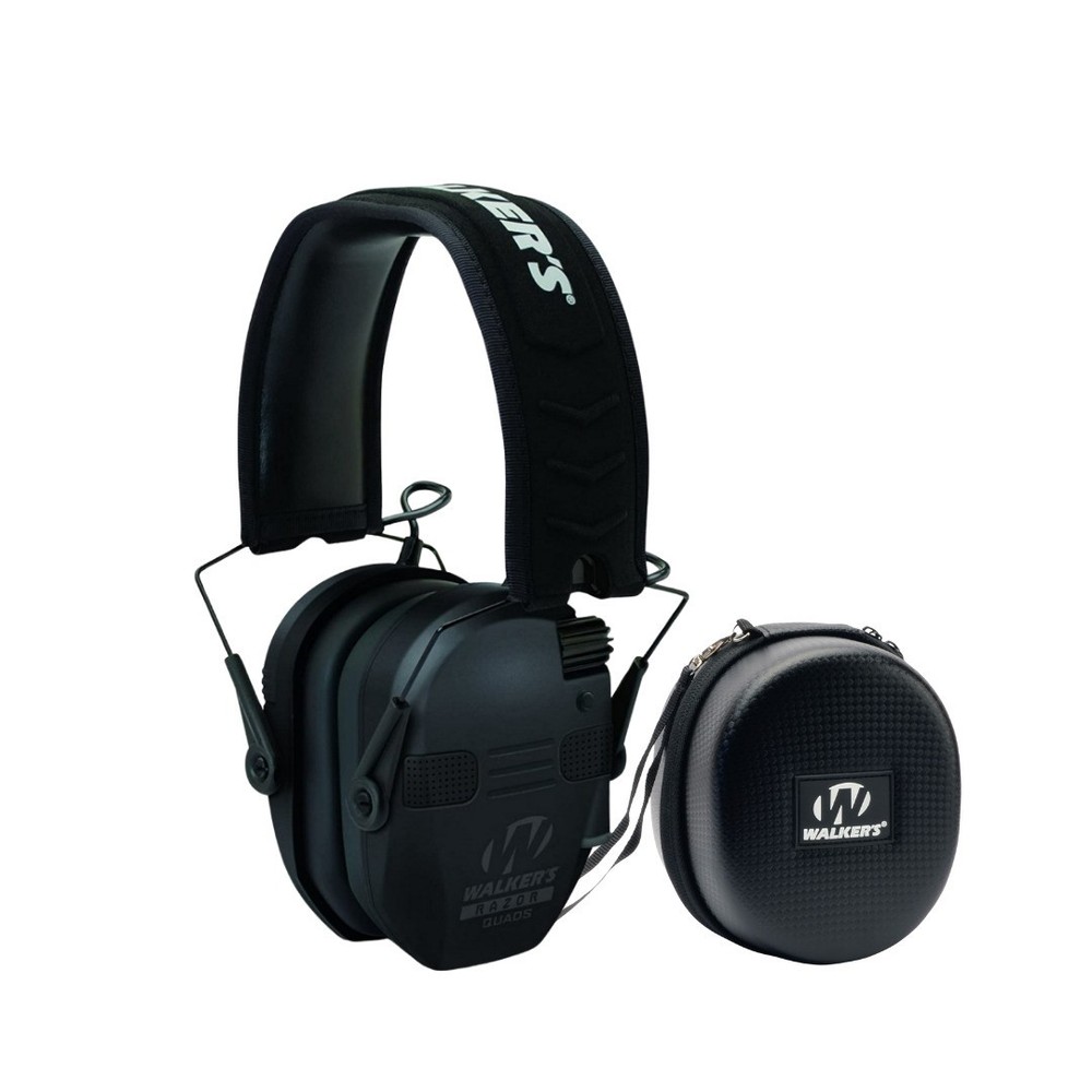 Walkers Razor Quad Electronic Large Muffs Protection Case Bundle (Black)