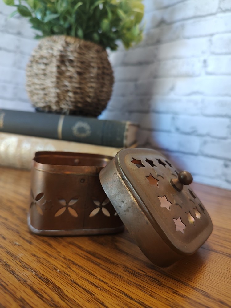 Copper Incense Burner Removable Lid Perforated Floral /Star Pattern