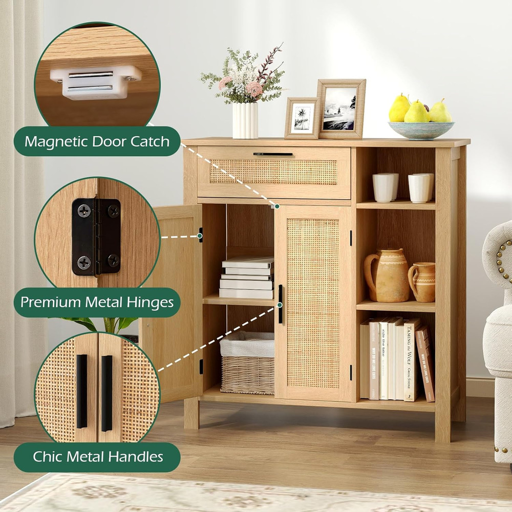 Buffet Cabinet with Storage, Boho Rattan Sideboard with 2 Doors, Drawer, 3 Open