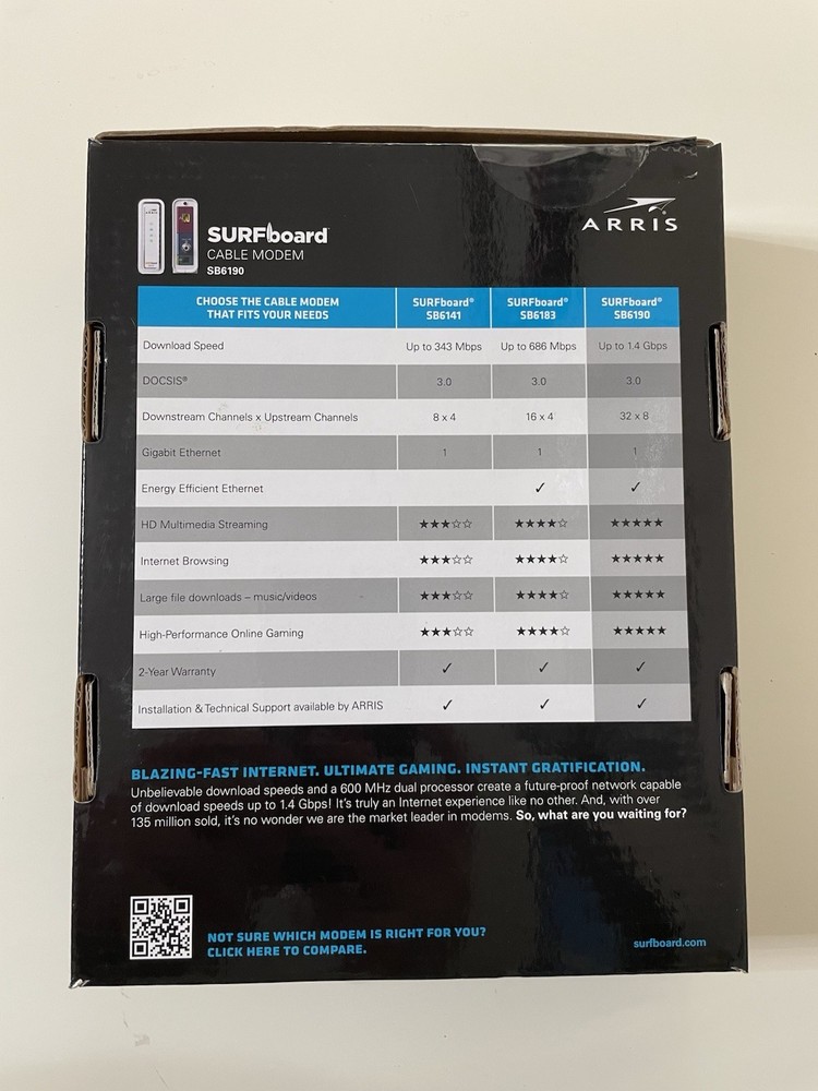 ARRIS SURFboard White SB6190 DOCSIS 3.0 Cable Modem internet computer 1.4gbps