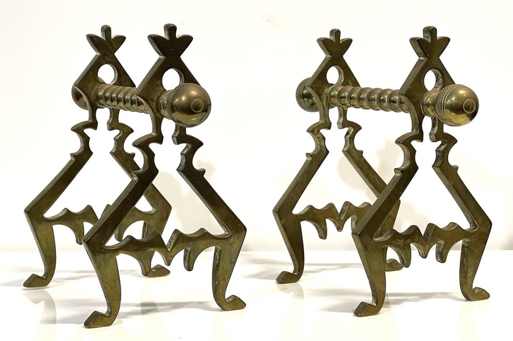 Antique Solid Brass Pair Of Fireplace Fire Dogs
