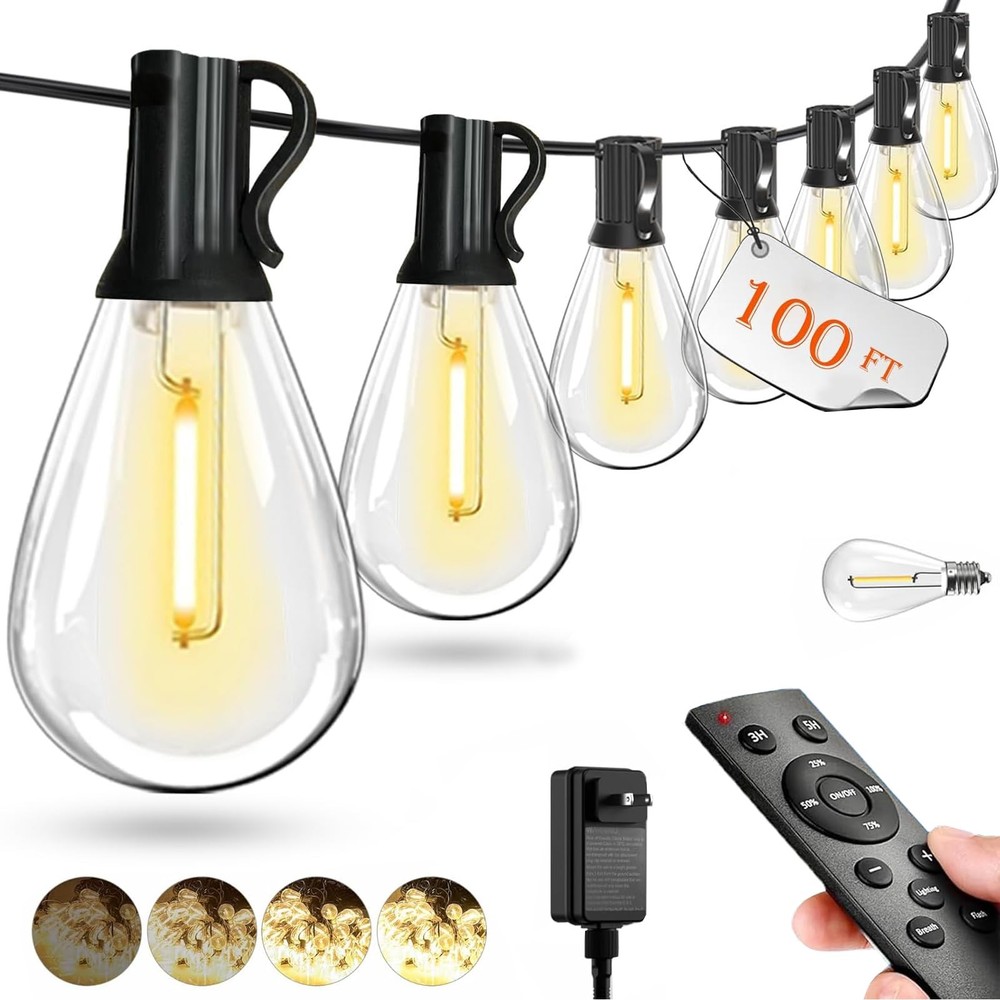 REEMEER 100FT LED Outdoor String Lights with Remote, Dimmable Timing 3 Light Mod