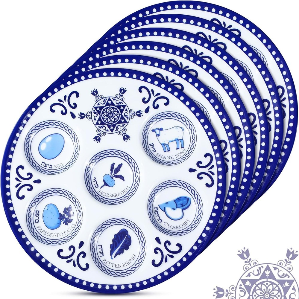 Disposable 6 Pack Seder Plates in Blue Renaissance - Dishwasher Safe & Stackable