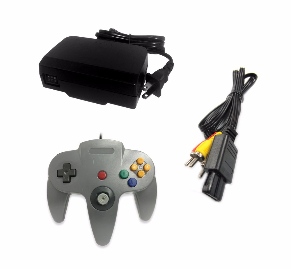 AC Adapter + Grey Controller + AV Cable Cord Bundle for Nintendo 64 N64