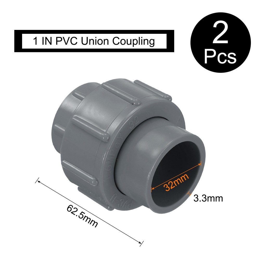 2 Pcs 1" Union PVC Coupling Pipe Fitting Adapter, Grey