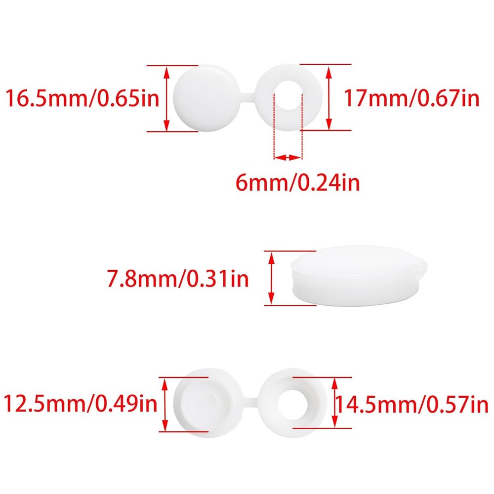 100 White Plastic Hinged Screw Caps, Fold Snap Covers Flip 6mm,