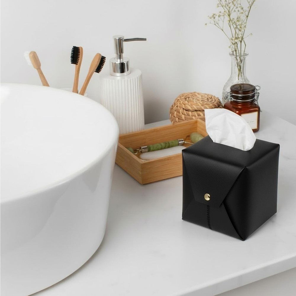 Square Leather Tissue Box Organizer - Versatile for Bathroom, Vanity & Desk