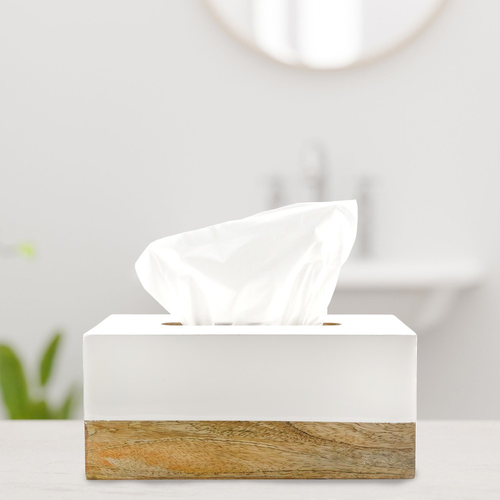 White Enamel/Mango Wood Rectangular Tissue Box Cover; Scandinavian Decor Oblong