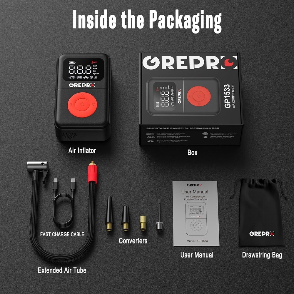 Compact 160 PSI Air Compressor with Rechargeable Battery & Multiple Adapters