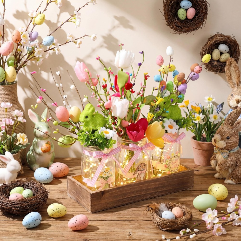 3 Sets Easter Centerpiece Table Decorations DIY Mason Jar Light Decoration wi...