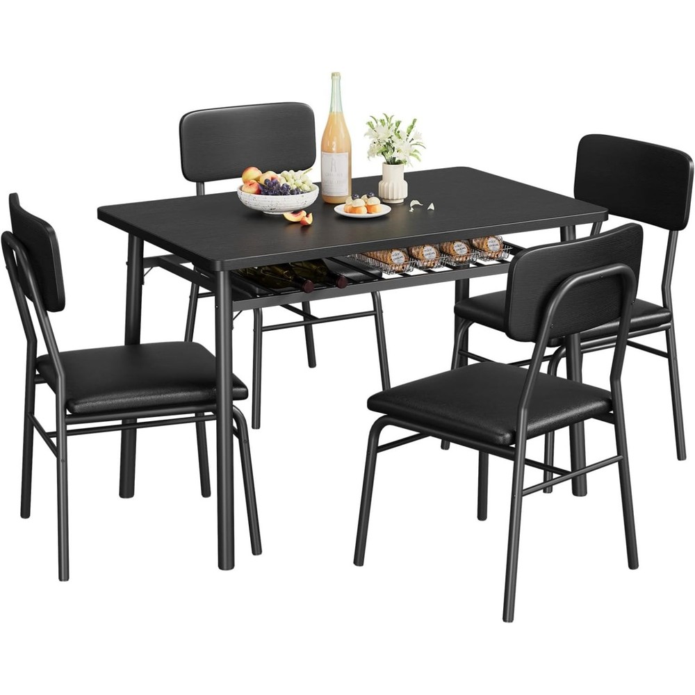 Dining Set for 4 with Storage Rack&4 Upholstered Chairs, Metal Frame Small Space