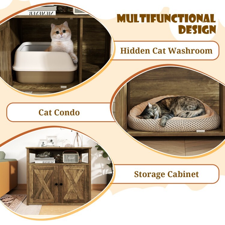 Cat Litter Box Enclosure Entry Box Barn Doors Side Table Divider W/Storage Shelf