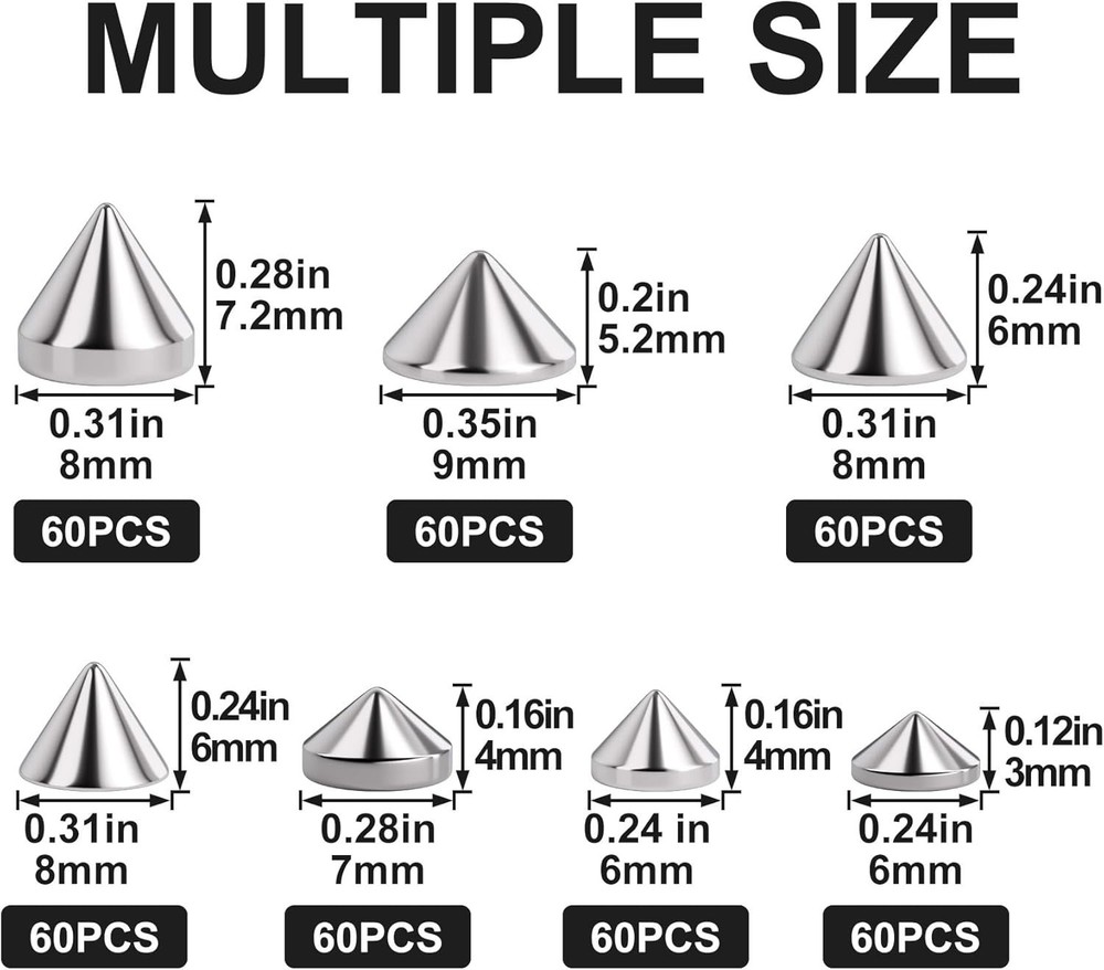 420PCS ABS Bullet Spike Cone Studs, 7 Styles Rivets Cone Spike Studs Beads, F...