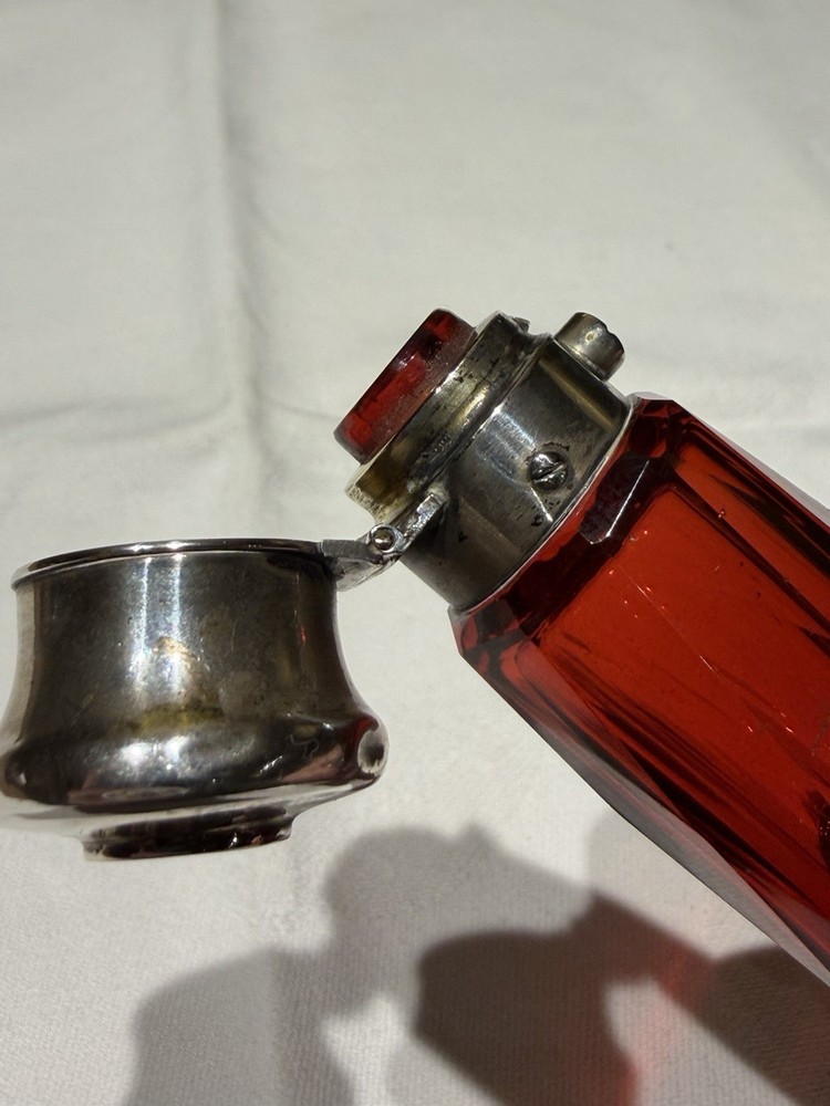 Victorian Ruby Red Glass Folding Double Scent Bottle Silver Mount