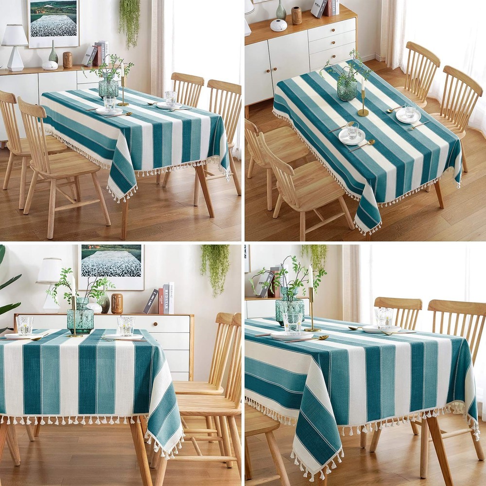 AmHoo Striped Tassel Tablecloth Stitching Rectangle Table Cloth Cotton Linen ...