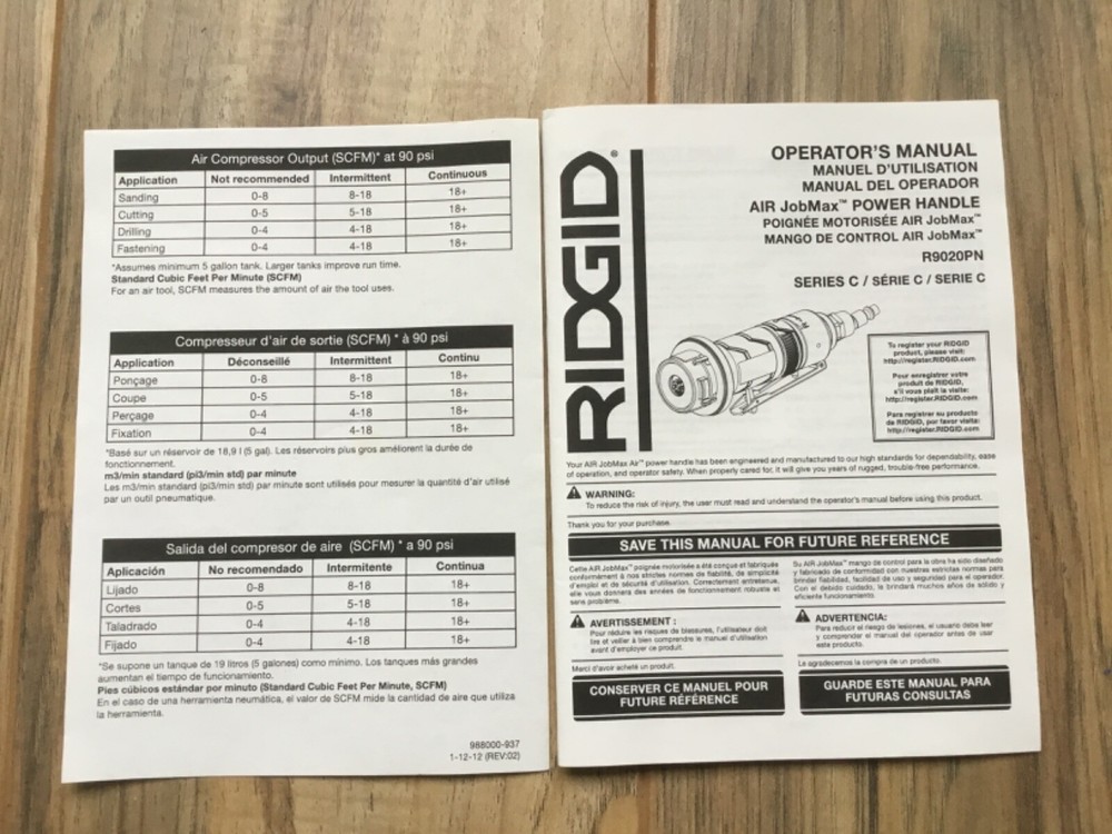Ridgid Air JobMax Pneumatic Multi-Tool R9020PN Replacement Operator's Manual