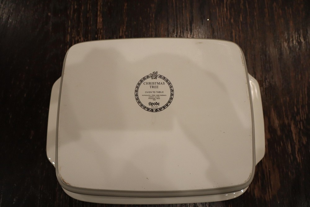 Spode Christmas Tree Baking Dish 12" Rectangular Oven To Table White Green Rim