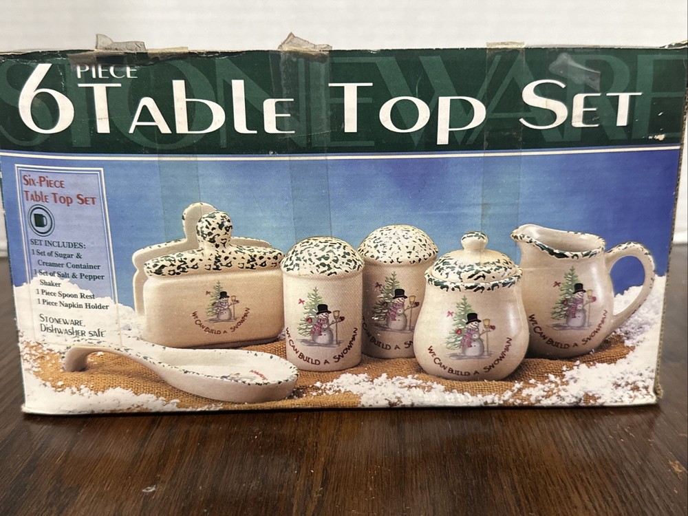 We Can Build a Snowman 5 Pc Stoneware Table Top Set With Box Missing Spoon Rest