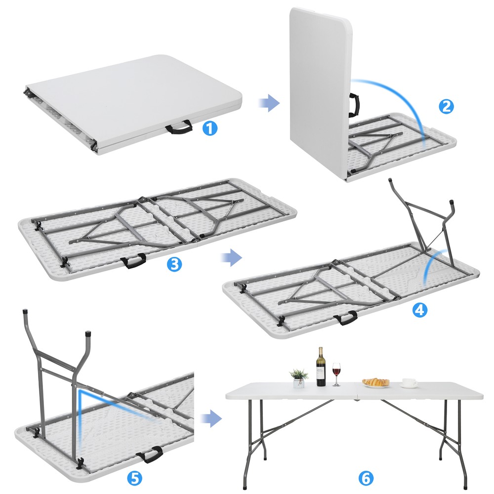 6' Plastic Table Fold-in-Half Picnic Utility Table w/ Handle Multipurpose White