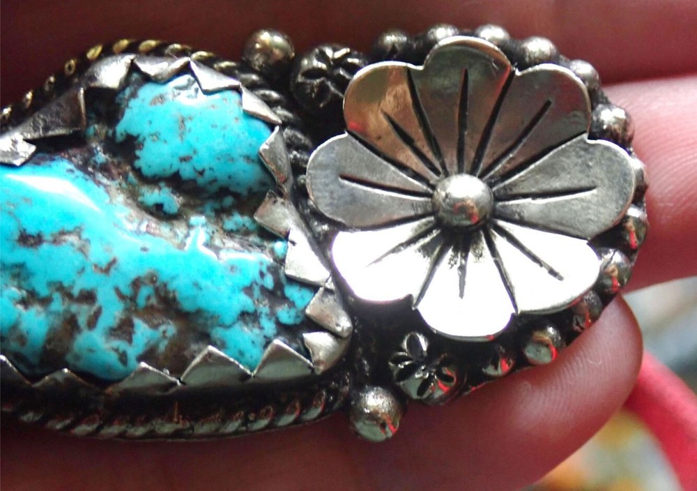 Turquoise and Flowers in Tibetan Silver Ring adjustable