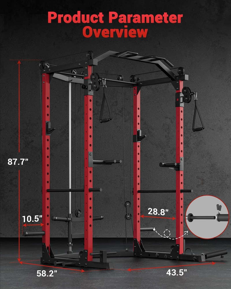 Power Cage Multi-Function Squat Rack for Home Gym w/Pulley Cable System ,Dip Bar