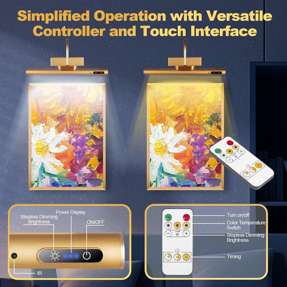 Elegant Gold Dimmable Picture Light with Infrared Remote and Timer Function