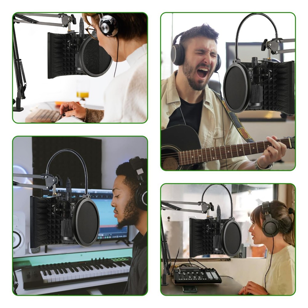 Microphone Isolation Shield with Mic Stand and Pop Filter, Foldable Sound Shi...